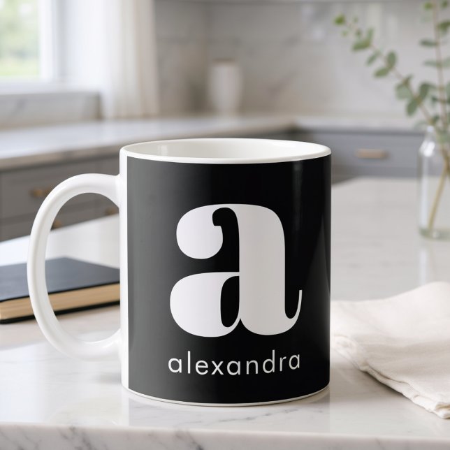 Modern Simple Black Monogram Initial Letter Name Coffee Mug (Creator Uploaded)
