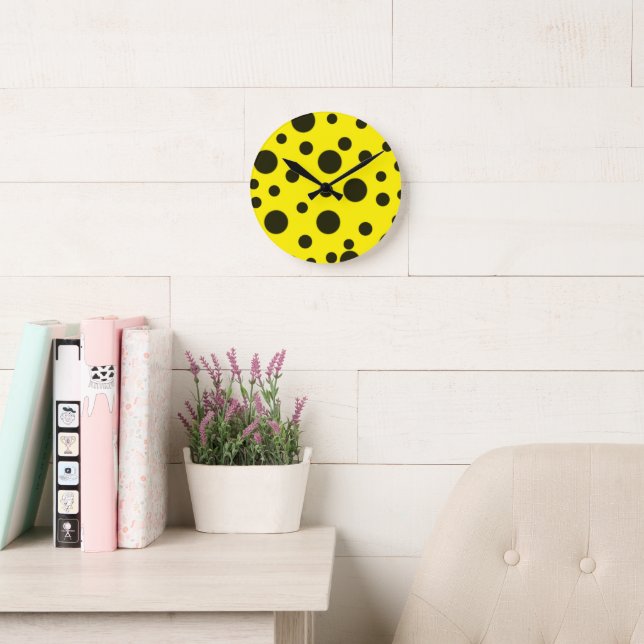 Modern Simple Black polka dot yellow pattern Round Clock (Reading Room)