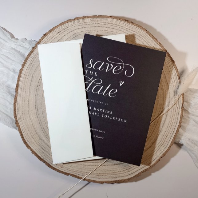 Modern Simple Black Wedding Heart Save The Date (Save the date wedding cards black with white text, elegant, modern simple.)