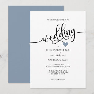 Modern Simple Black White Dusty Blue Heart Wedding Invitation