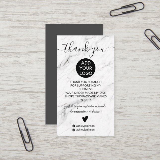 Modern simple black white marble order thank you business card (Front/Back In Situ)