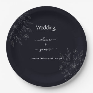 Modern simple black & white minimalist floral vine paper plate