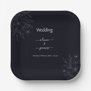 Modern simple black & white minimalist floral vine paper plate