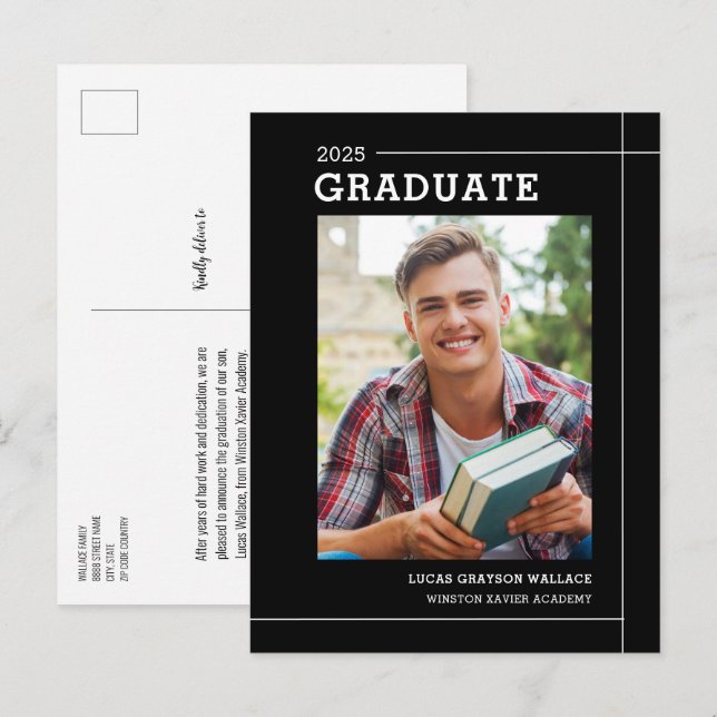 Modern Simple Black White Photo Graduation Announcement Postcard (Front/Back)
