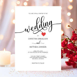Modern Simple Black, White Red Heart Wedding Invitation