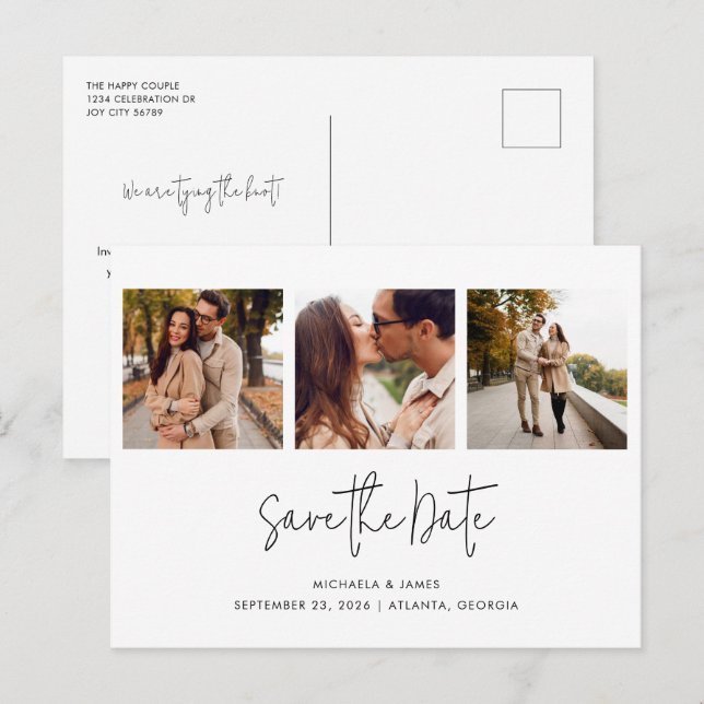 Modern Simple Black White Script 3 Photo Wedding S Announcement Postcard (Front/Back)