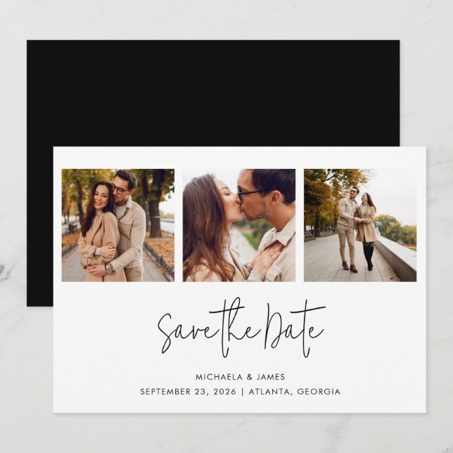 Modern Simple Black White Script 3 Photo Wedding Save The Date (Front/Back)
