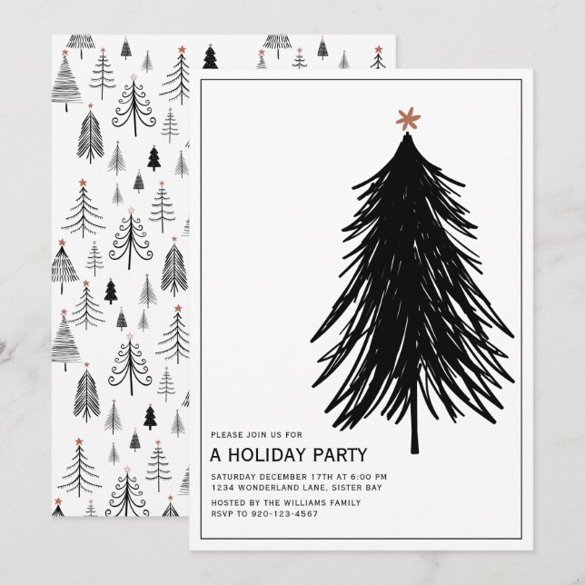 Modern Simple Black White Tree Holiday Party Invit Invitation (Front/Back)
