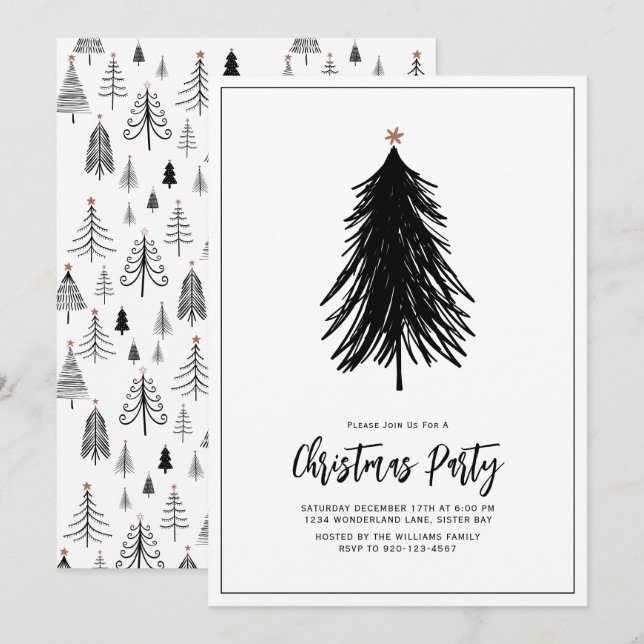 Modern Simple Black White Tree Holiday Party  Invitation (Front/Back)
