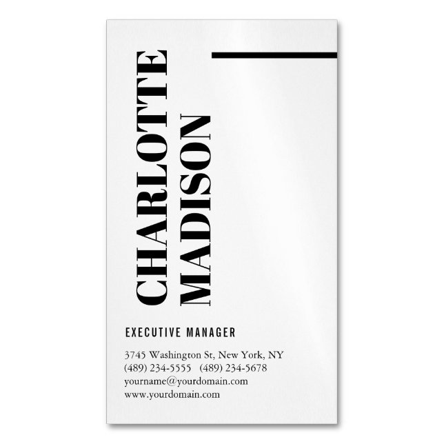 Modern Simple Black White Trendy Minimalist Plain  Magnetic Business Card (Front Vertical)