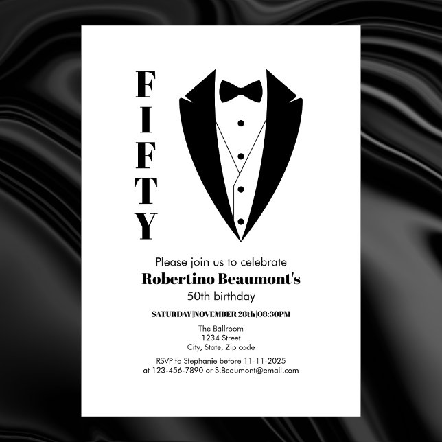 Modern Simple Black White Tuxedo 50th Birthday  Invitation (Creator Uploaded)