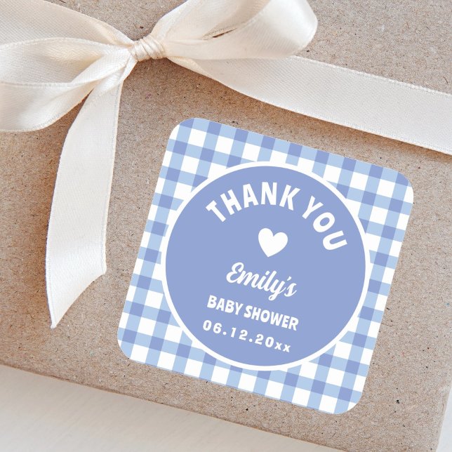 Modern Simple Blue Gingham Baby Shower Thank You Square Sticker (Creator Uploaded)