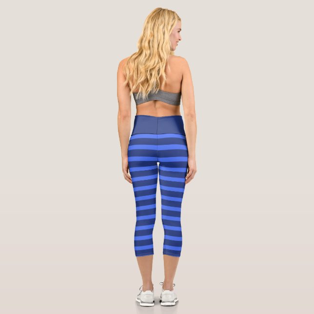 Modern Simple blue Navy Two Tone Stripe name Capri Leggings (Back)