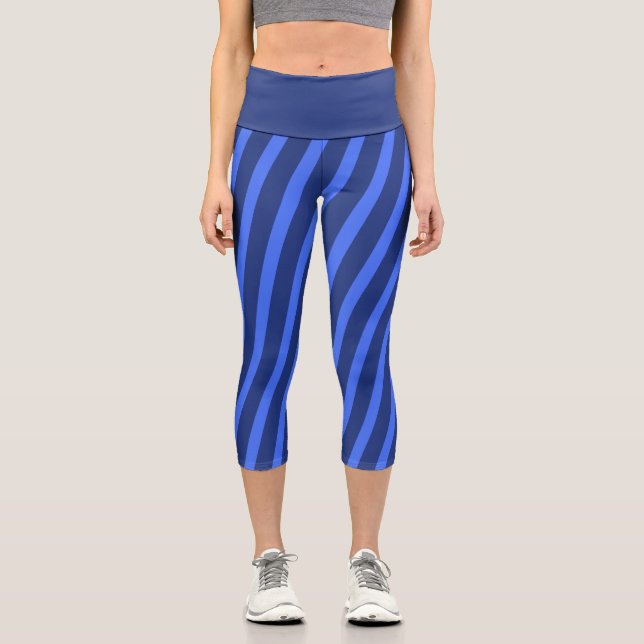 Modern Simple blue Navy Two Tone Stripe name Capri Leggings (Front)