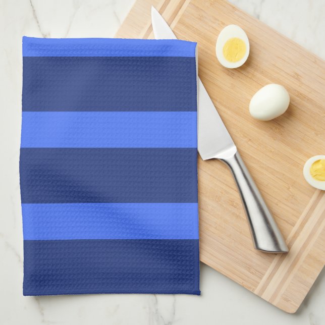 Modern Simple blue Navy Two Tone Stripe name Kitchen Towel (Quarter Fold)