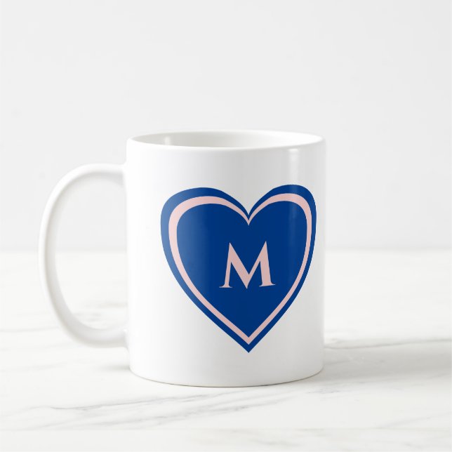 Modern Simple Blue Pink Heart Monogram Coffee Mug (Left)