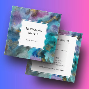 Modern Simple Blue Teal Border Watercolor Abstract Square Business Card