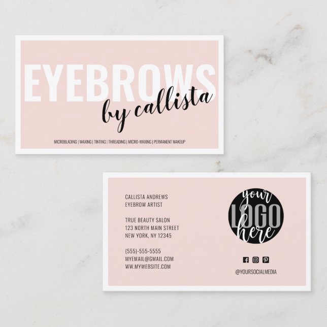 Modern Simple Blush Pink Border Logo Eyebrow Business Card (Front/Back)