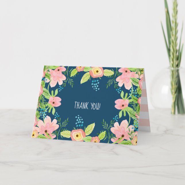 Modern Simple Boho Rose Pink Navy Floral Thank You (Front)