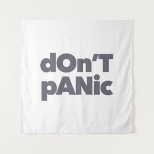 Modern, simple, bold cool graphic of Don't Panic Tapestry