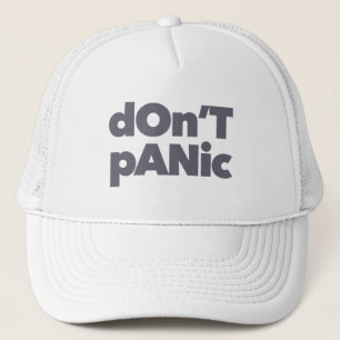 Modern, simple, bold cool graphic of Don't Panic Trucker Hat