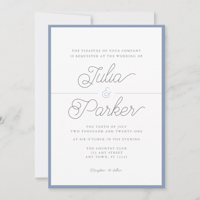 Modern Simple Border Dusty Blue Wedding Invitation (Front)