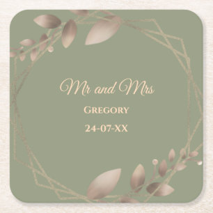 Modern Simple botanical elegant sage green gold Square Paper Coaster