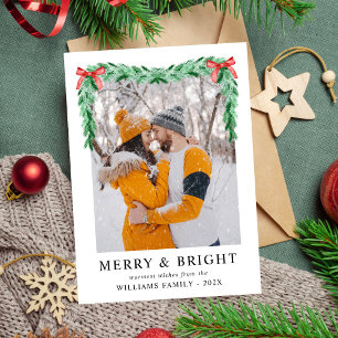 Modern Simple Bow Merry & Bright Christmas Photo Holiday Card