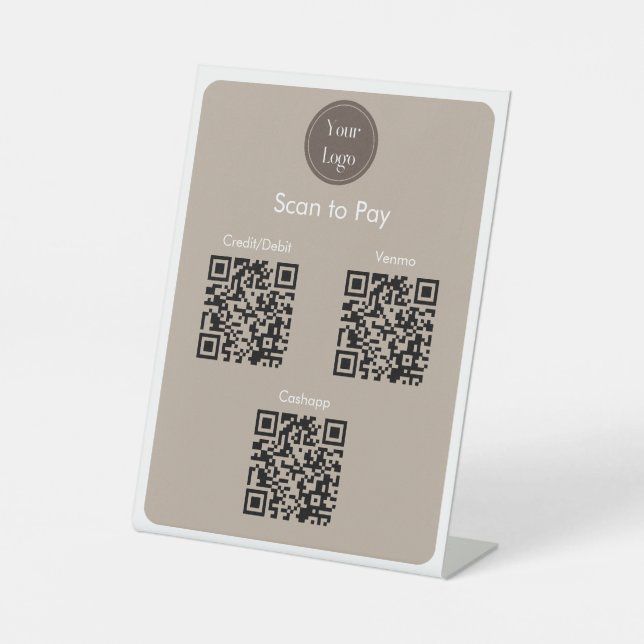 Modern Simple Brown Cream Scan to pay QR Codes Pedestal Sign (Front)