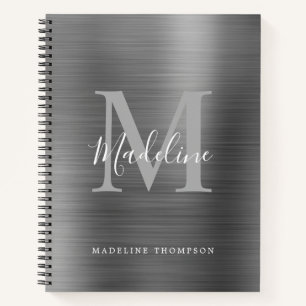 Modern Simple Brushed Metal Silver Gray Monogram Notebook