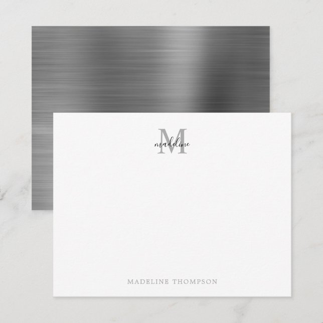 Modern Simple Brushed Metal Silver Grey Monogram Card (Front/Back)