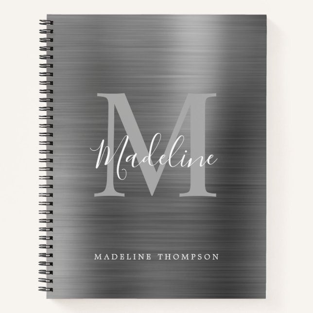 Modern Simple Brushed Metal Silver Grey Monogram Notebook (Front)
