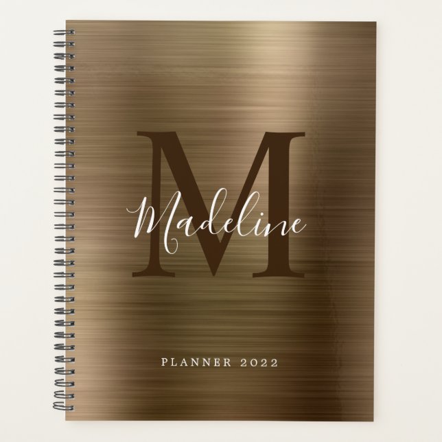 Modern Simple Brushed Metallic Gold Monogram Planner (Front)