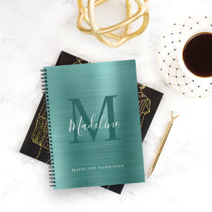 Modern Simple Brushed Metallic Teal Monogram Notebook