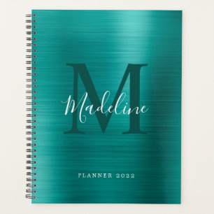 Modern Simple Brushed Metallic Teal Monogram Planner