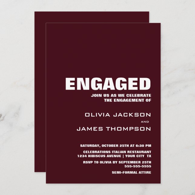 Modern Simple Burgundy Engagement Party Invitation (Front/Back)
