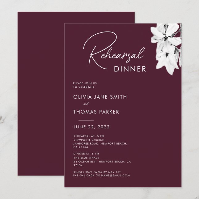 Modern Simple Burgundy Magnolia Rehearsal Dinner Invitation (Front/Back)