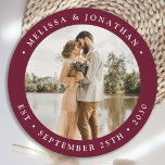 Modern Simple Burgundy Wine Photo Wedding Round Paper Coaster<br><div class="desc">Add the finishing touch to your wedding with these fun custom photo coasters. Perfect as wedding favours to all your guests . Customize these wedding favours with your favourite wedding photo, newlywed photo, and personalize with name and date. See our wedding collection for matching wedding favours, newlywed gifts, and just...</div>