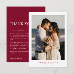 Modern Simple Burgundy with Photo Wedding Thank You Card