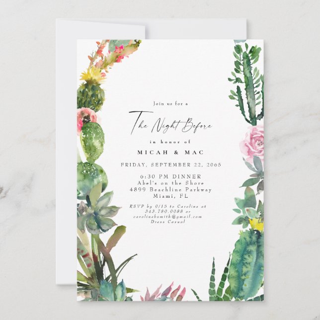 Modern Simple Cactus Succulent The Night Before Invitation (Front)