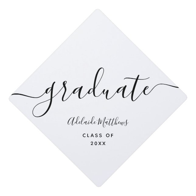 Modern Simple Chic Black White Script Personalized Graduation Cap Topper (Front)