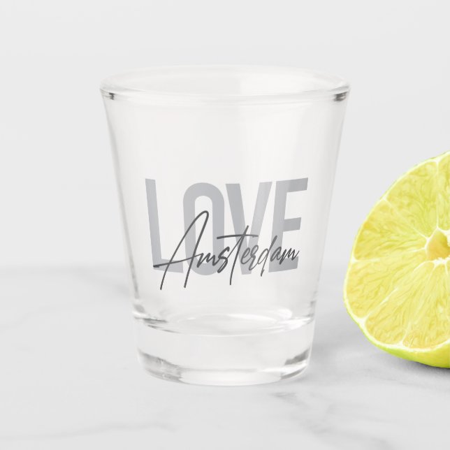 Modern, simple, chic, cool design Love Amsterdam Shot Glass (Front)