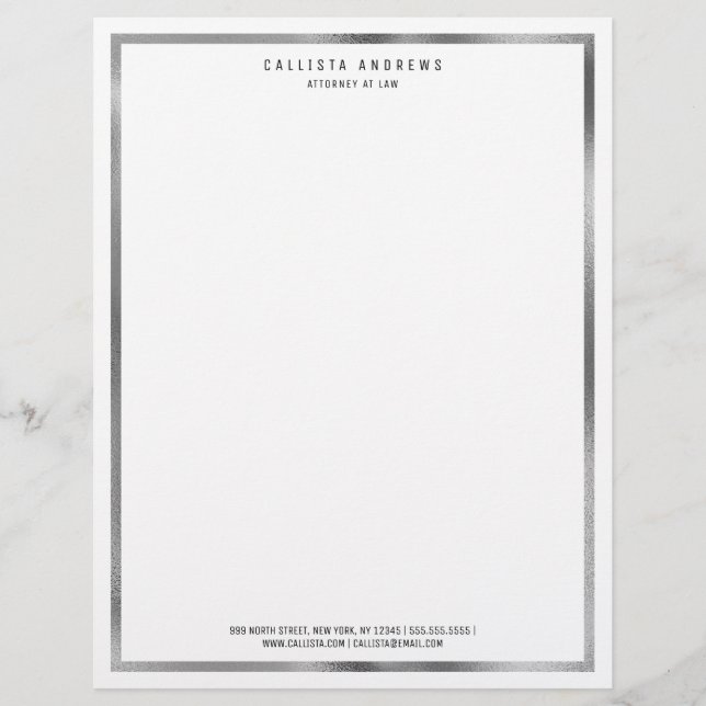 Modern Simple Chic Silver White Border Lawyer Letterhead (Front)