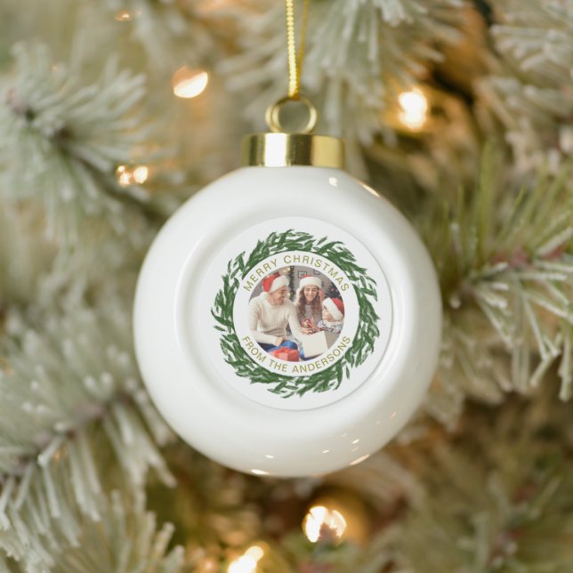 Modern Simple Christmas Wreath Family Photo Ceramic Ball Christmas Ornament (Tree)