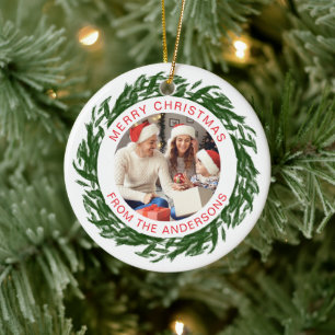 Modern Simple Christmas Wreath Family Photo Ceramic Ornament