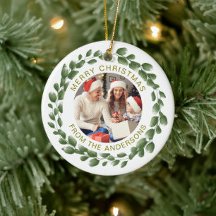 Modern Simple Christmas Wreath Family Photo Ceramic Ornament