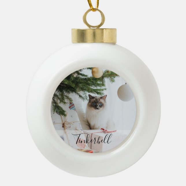 Modern Simple Classic at Name and Pet Photo  Ceramic Ball Christmas Ornament (Front)