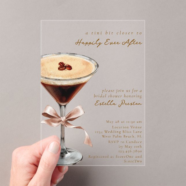 Modern Simple Cocktail Themed Mocha Bridal Shower Acrylic Invitations (Insitu (Handheld))
