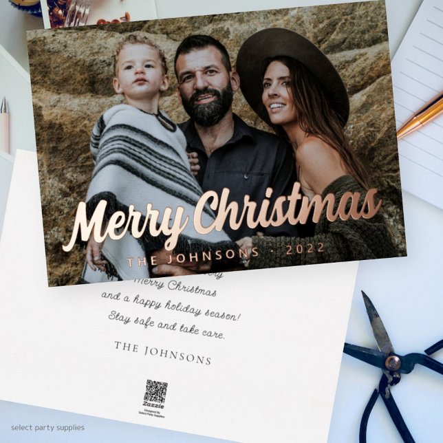 Modern Simple Cursive Script Greeting Family Photo Foil Holiday Card (Creator Uploaded)