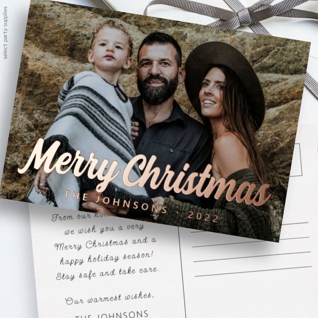 Modern Simple Cursive Script Greeting Family Photo Foil Holiday Postcard (Creator Uploaded)